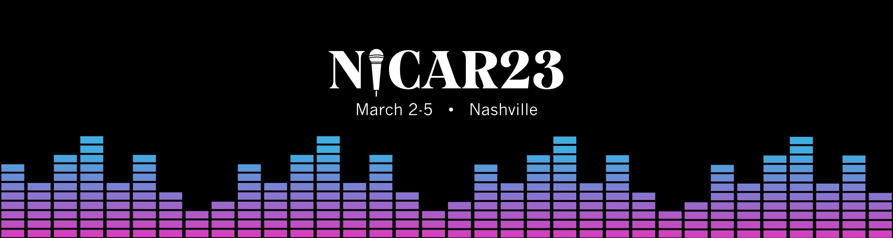 A logo image that links to the main page for the NICAR 2023 conference, March 2 - 5, 2023 in Nashville, Tennessee